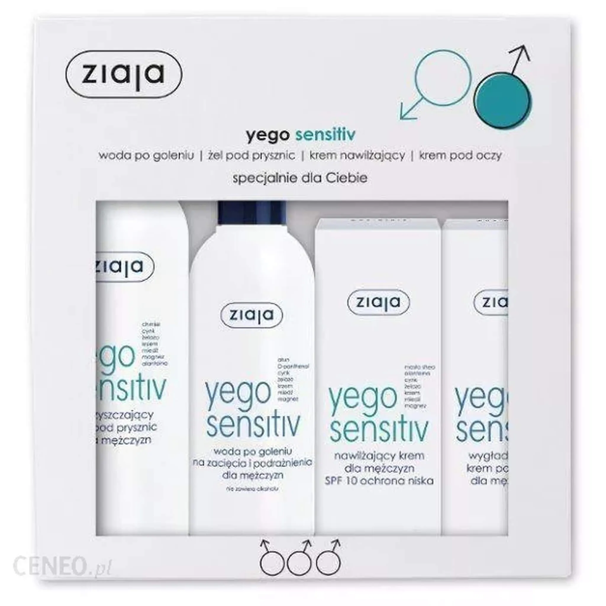 Ziaja zestaw Yego Sensitive, woda po goleniu, 50 ml + żel pod prysznic, 200 ml + krem nawilżający, 50 ml + krem pod oczy, 15 ml