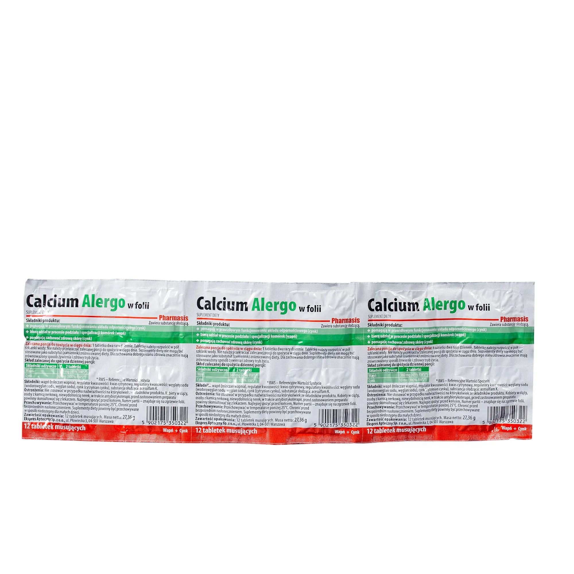 Calcium Alergo w folii, suplement diety, 12 tabletek musujących