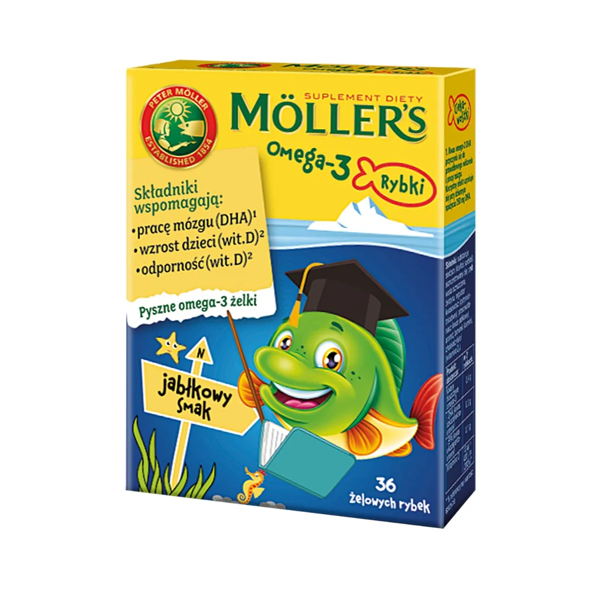 Moller's Omega-3 Rybki, suplement diety, smak jabłkowy, 36 żelków