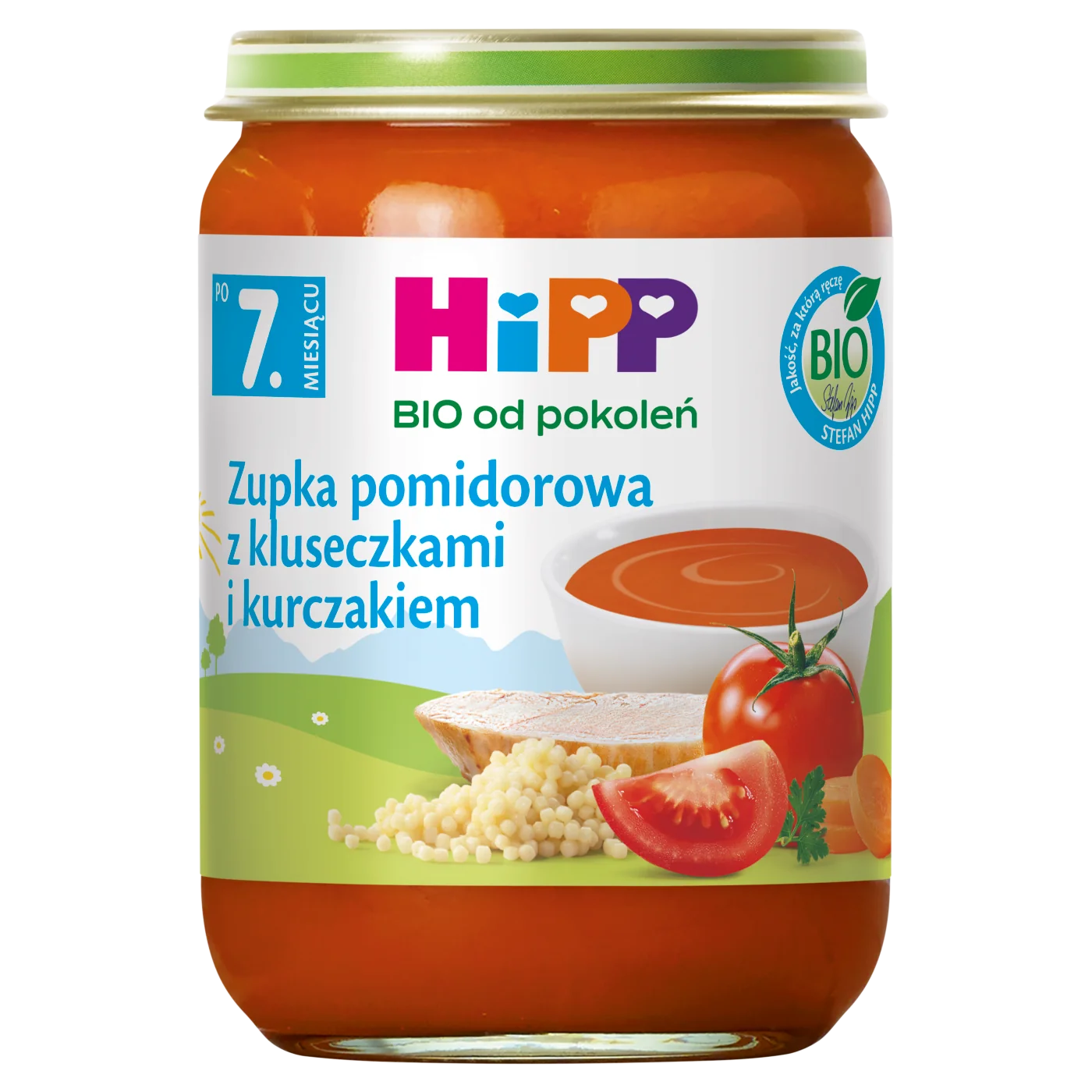 HiPP BIO zupka pomidorowa z kluseczkami i kurczakiem po 7. miesiącu, 190 g