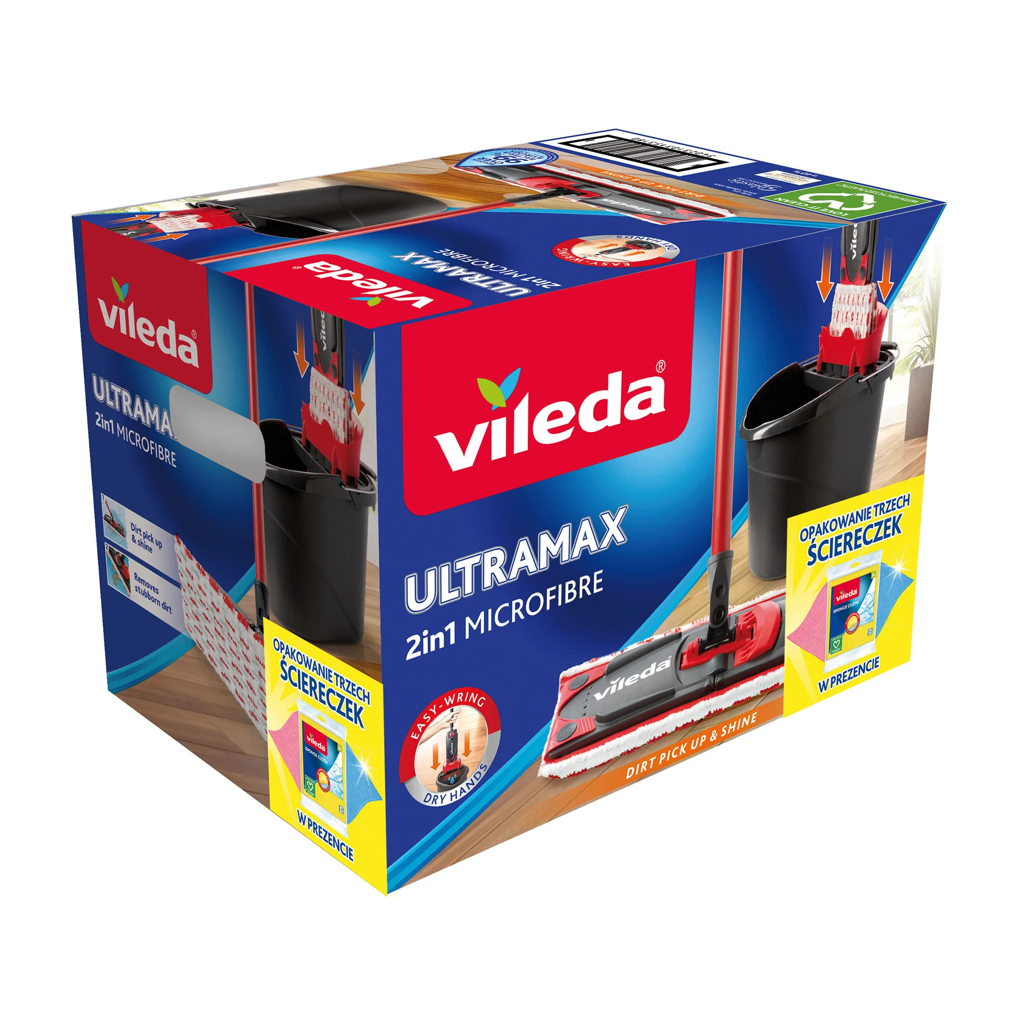 Vileda Ultramax BOX Zestaw mop płaski z drążkiem + wiadro + pucerka, 3 sztuki