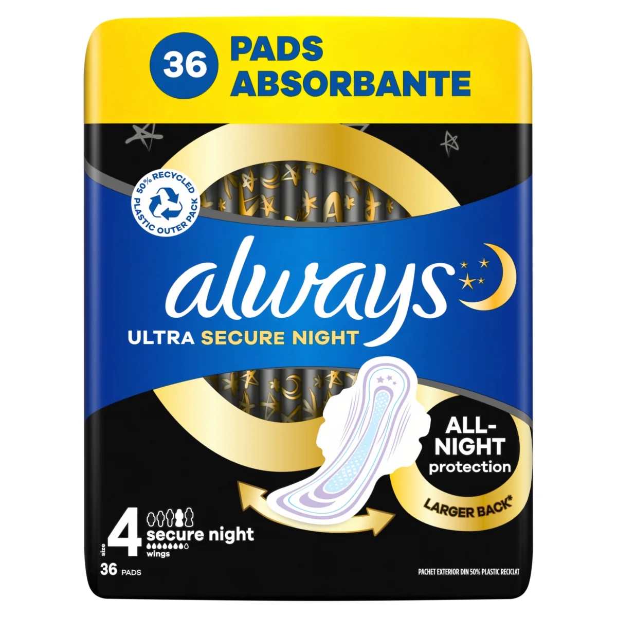 Always Ultra Secure Night podpaski ze skrzydełkami na noc, rozmiar 4, 36 sztuk