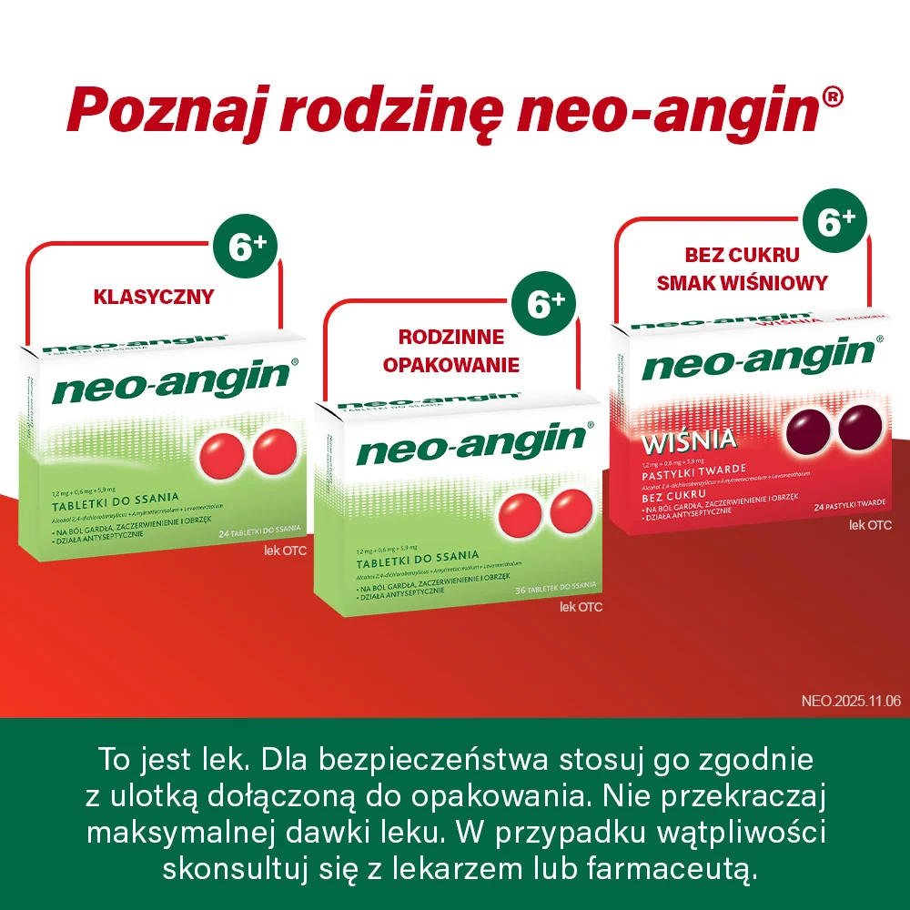 Neo-Angin bez cukru 1,2 mg + 0,6 mg + 5,72 mg 24 tabletki do ssania