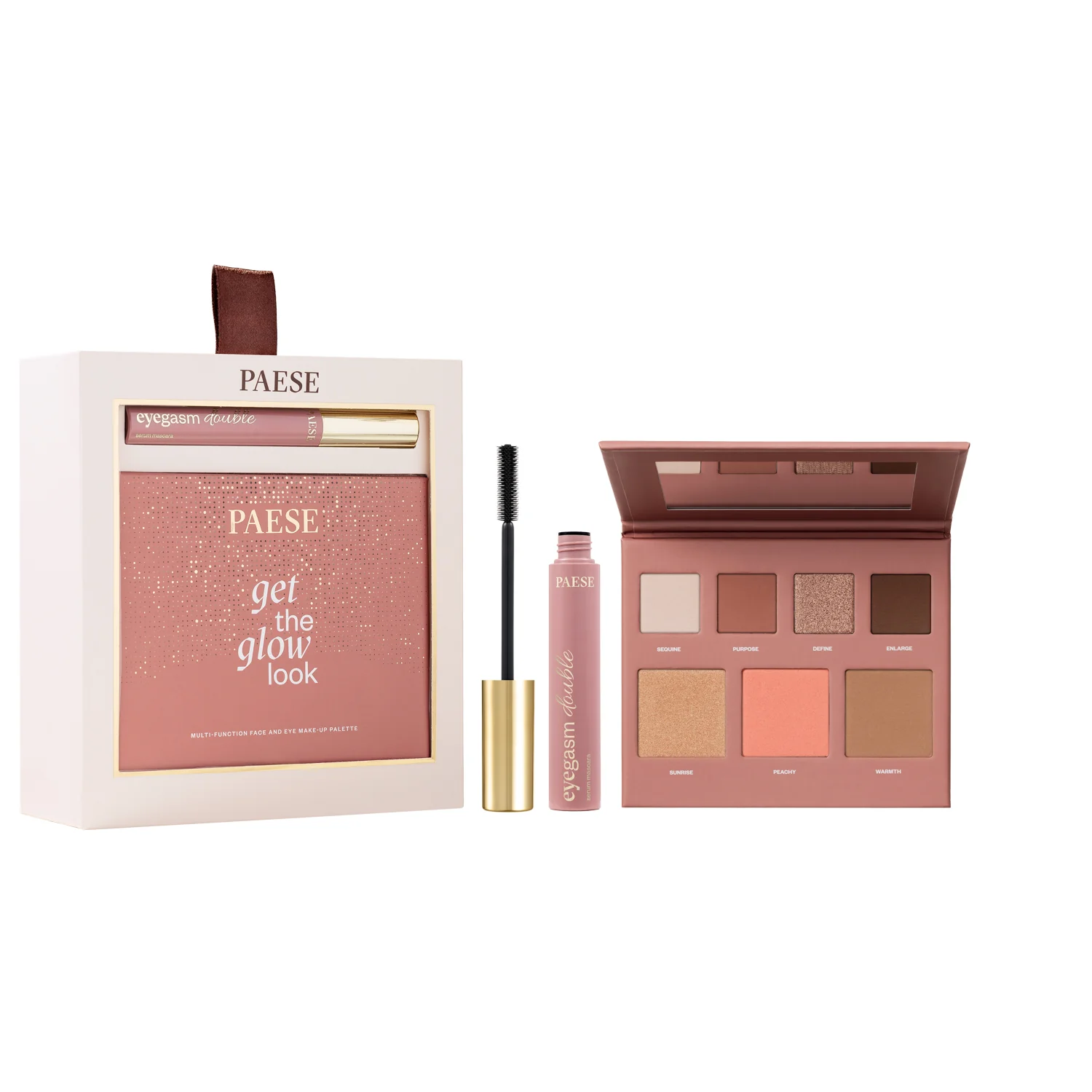 Paese zestaw świąteczny Double Glow Look paleta Get The Glow Look, 16 g + maskara Eyegasm Double, 12 ml