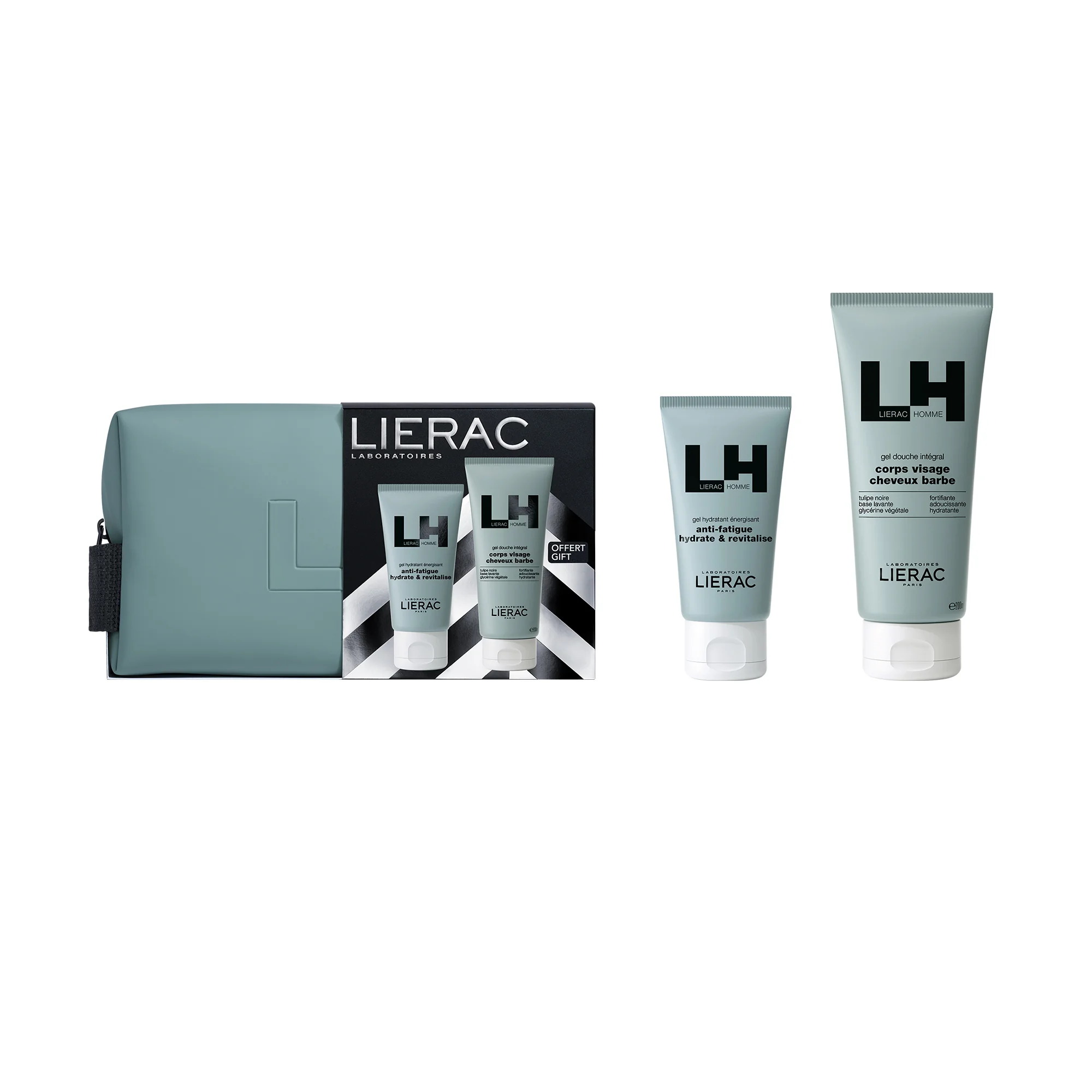 Lierac Homme Zestaw żel nawilżający do twarzy, 50 ml + żel pod prysznic, 200 ml + kosmetyczka