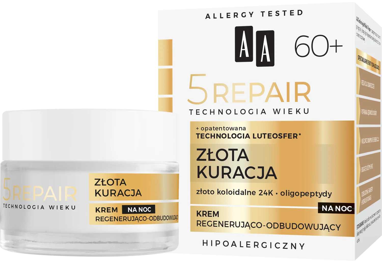 AA 5Repair Złota Kuracja regenerująco-odbudowujący krem na noc 60+, 50 ml