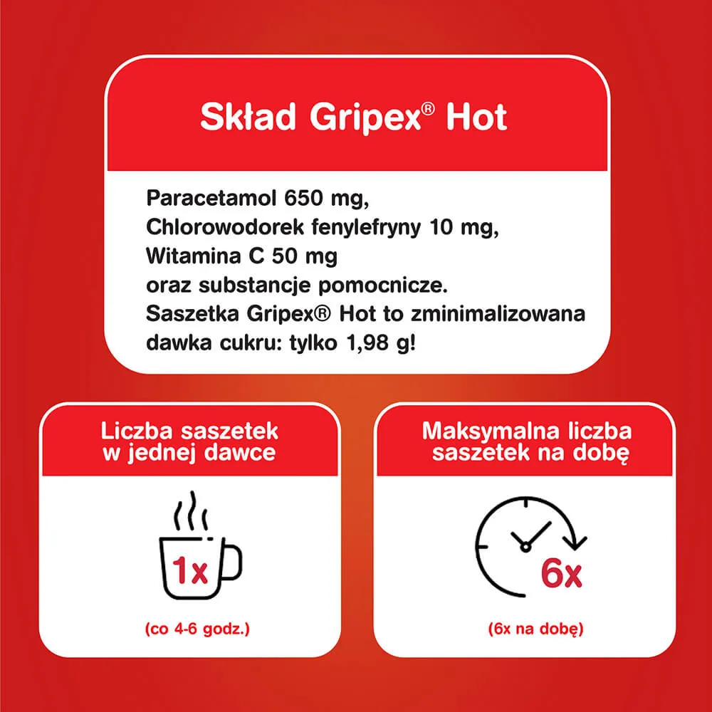 Gripex Hot, (650 mg + 50 mg + 10 mg)/saszetkę, proszek do sporządzania roztworu doustnego, 8 saszetek 
