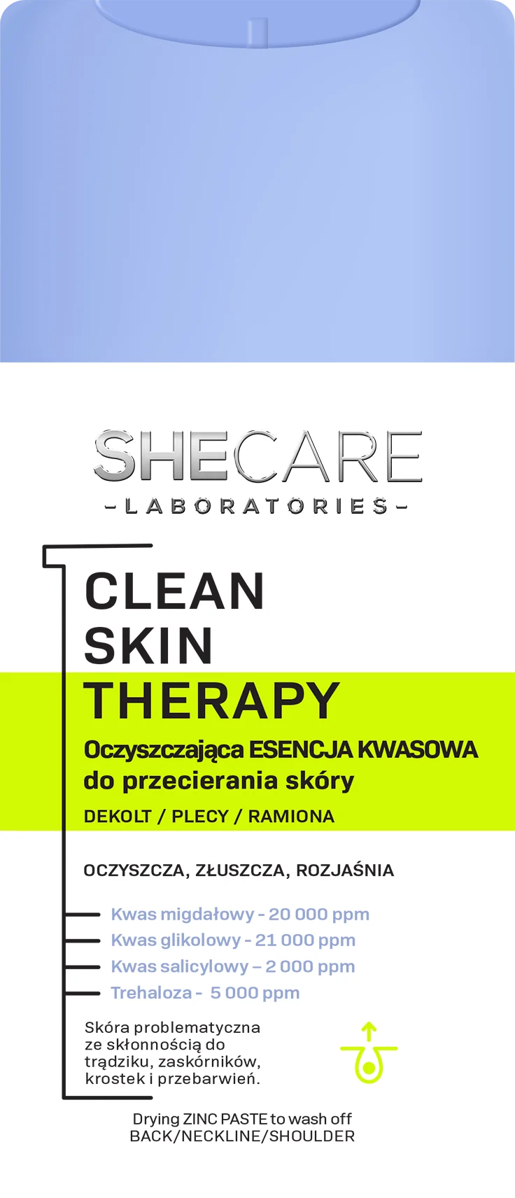 SheCare Clean Skin Therapy oczyszczająca esencja kwasowa do przecierania skóry ciała – dekolt, plecy, ramiona, 150 ml