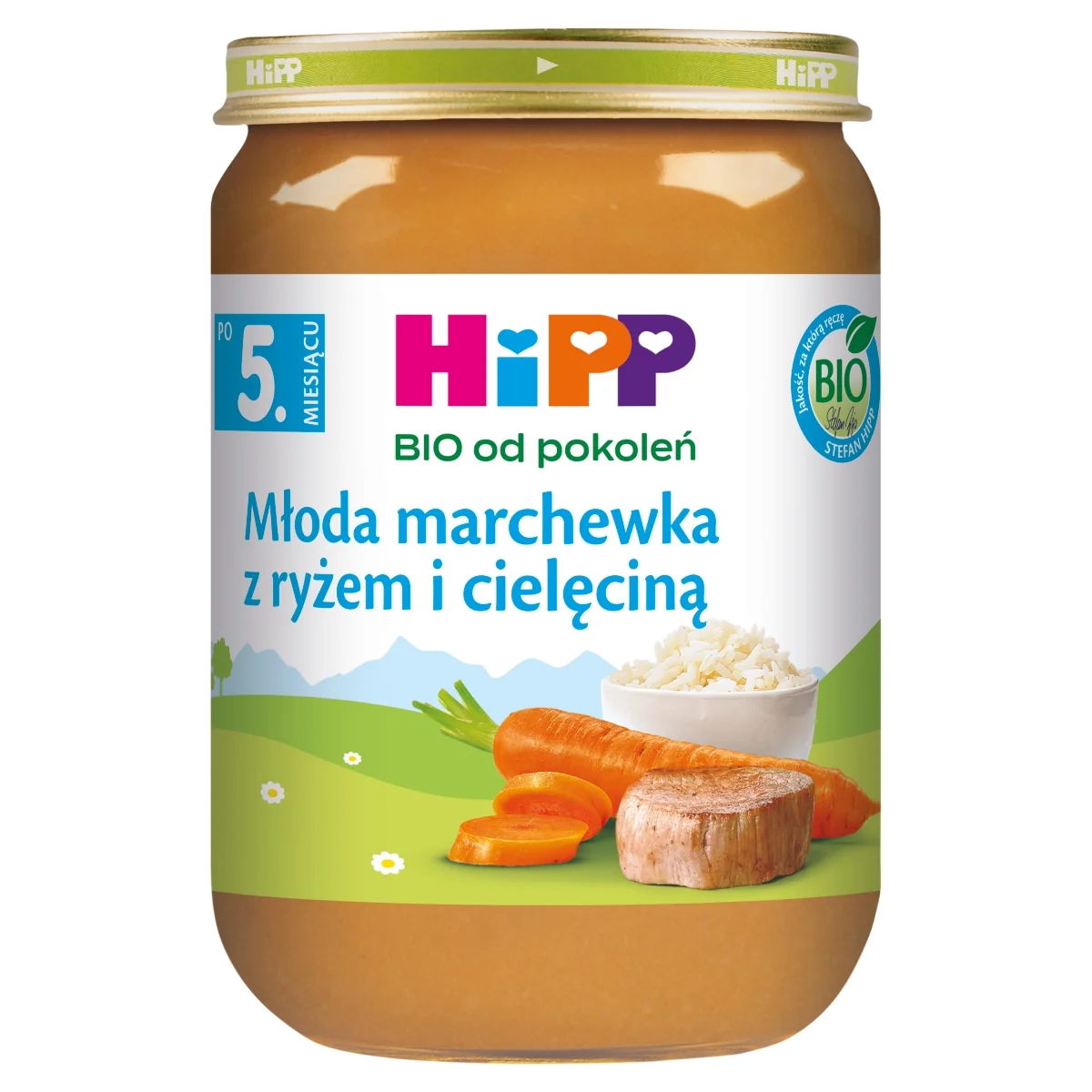 HiPP BIO od pokoleń obiadek krem z marchwi i ryżu z cielęciną po 5. miesiącu, 190 g