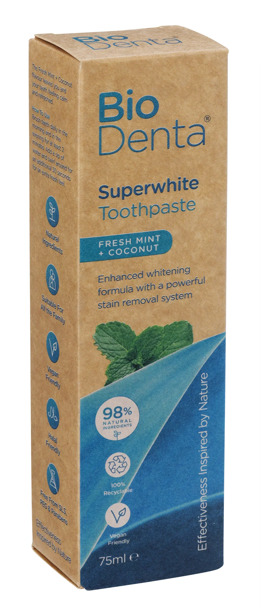 BioDenta ultra-wybielająca pasta do zębów o smaku świeżej mięty i kokosa, 75 ml