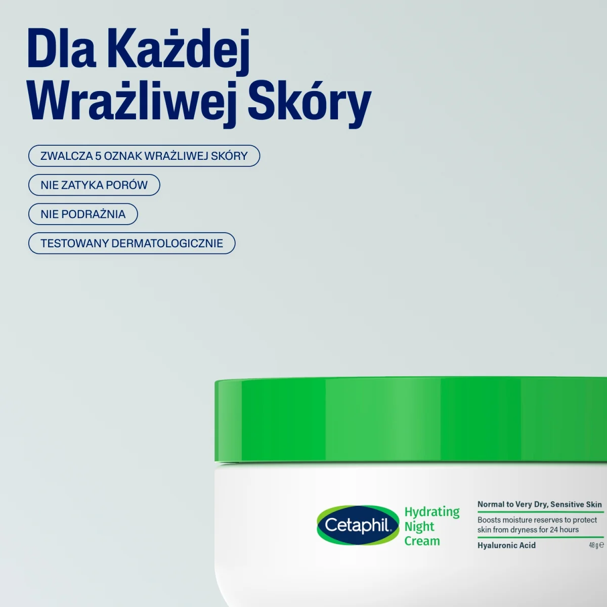 Cetaphil krem nawilżający na noc z kwasem hialuronowym, 48 g
