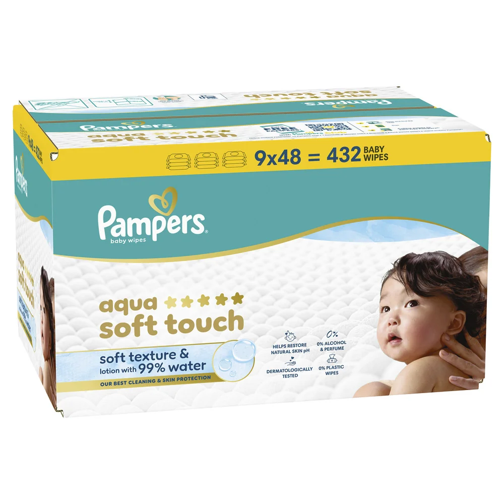 Pampers Aqua Soft Touch chusteczki nawilżane dla dzieci, 9 x 48 sztuk