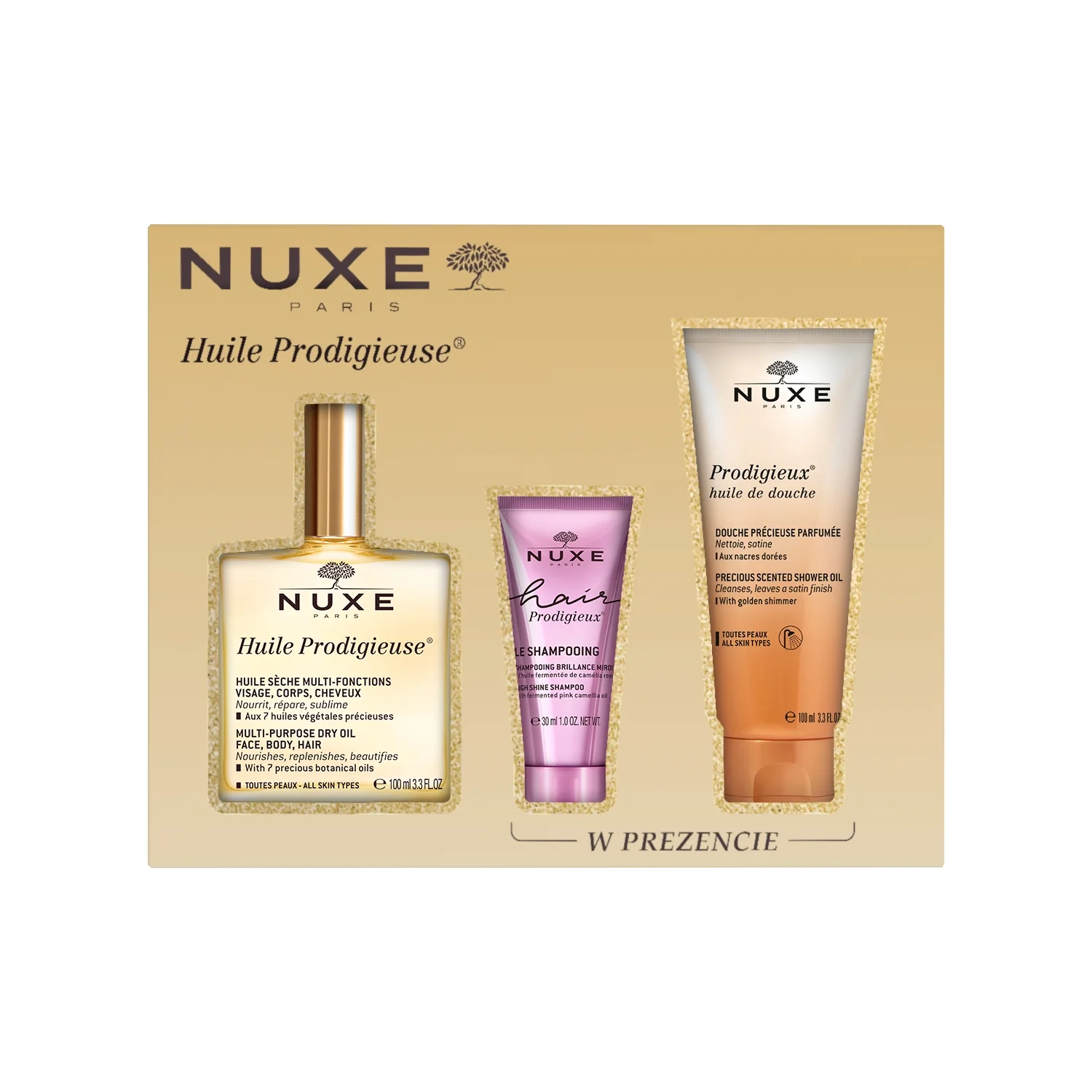 NUXE Huile Prodigieuse® zestaw, suchy olejek, 100 ml + szampon do włosów, 30 ml + olejek pod prysznic, 100 ml
