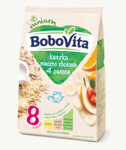 BoboVita, kaszka mleczno-zbożowa 4 owoce po 8 miesiącu, 230 g kaszka mleczno-zbożowa 4 owoce, 230 g