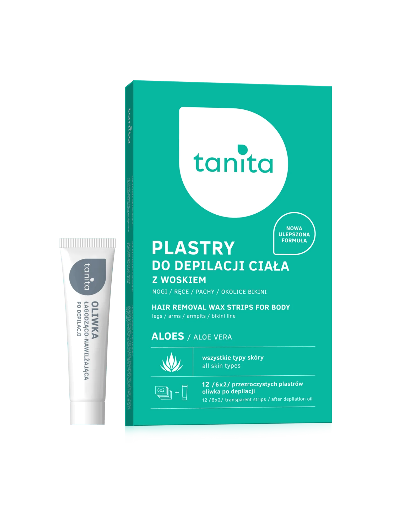 Tanita Aloes plastry z woskiem do depilacji ciała, 12 sztuk + 10 ml oliwka
