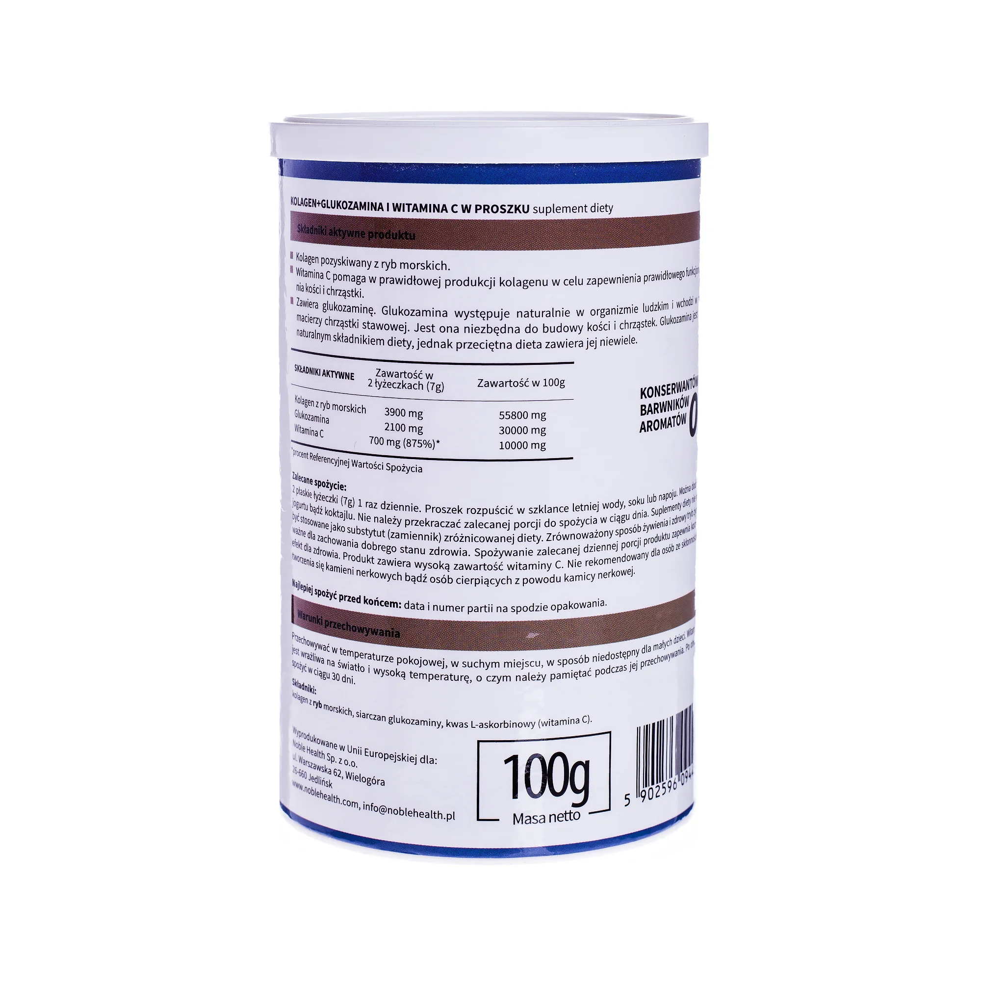 Noble Health Kolagen + witamina C + glukozamina proszek, 100 g