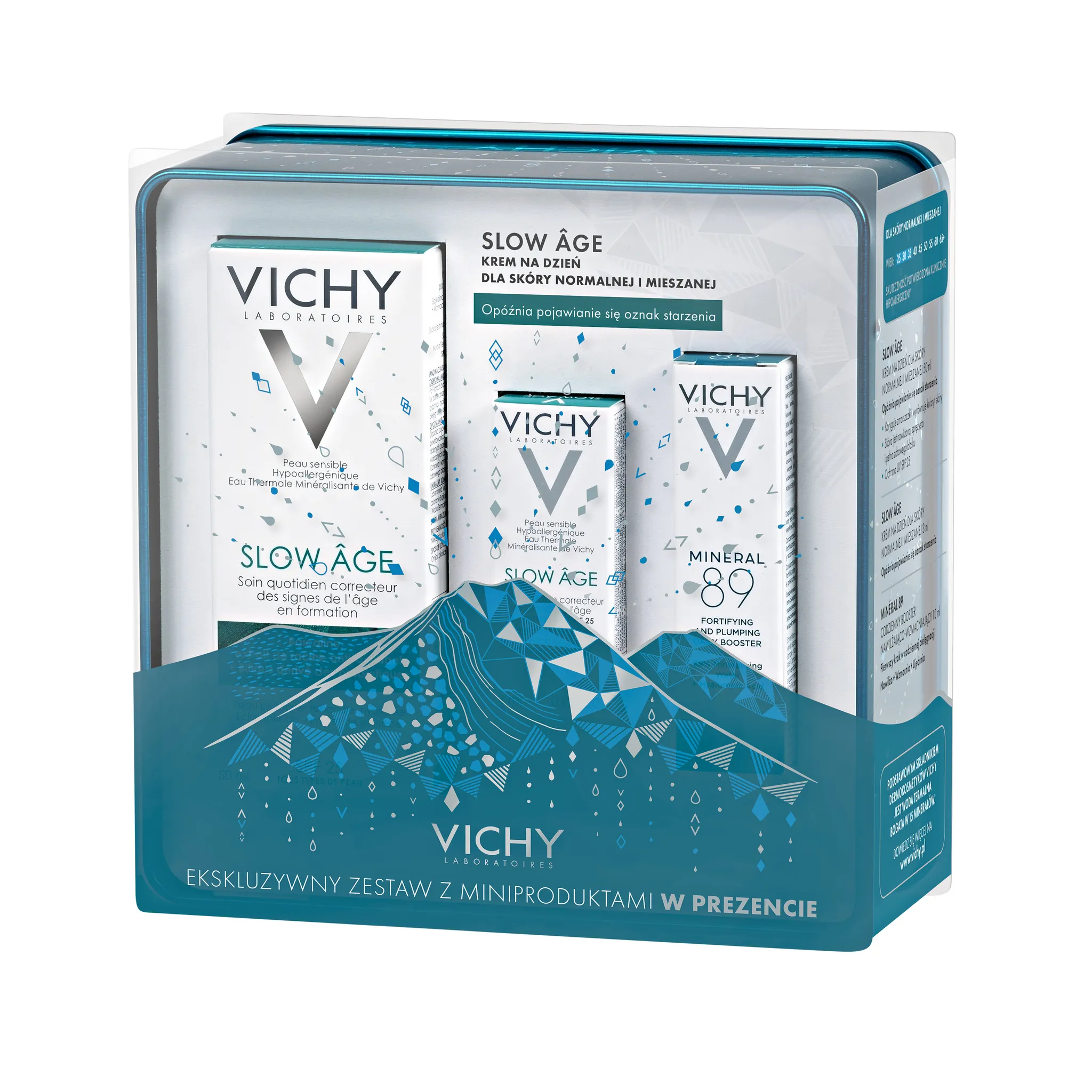 Vichy zestaw Slow Age, krem na dzień do skóry normalnej i mieszanej, 50 ml + krem na dzień do skóry normalnej i mieszanej, 3ml + booster nawilżająco-wzmacniający Mineral 89, 10ml