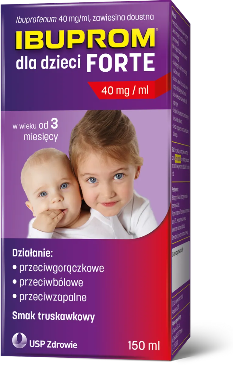 Ibuprom dla Dzieci Forte, 0,2 g/5 ml, zawiesina doustna, smak truskawkowy, 150 ml