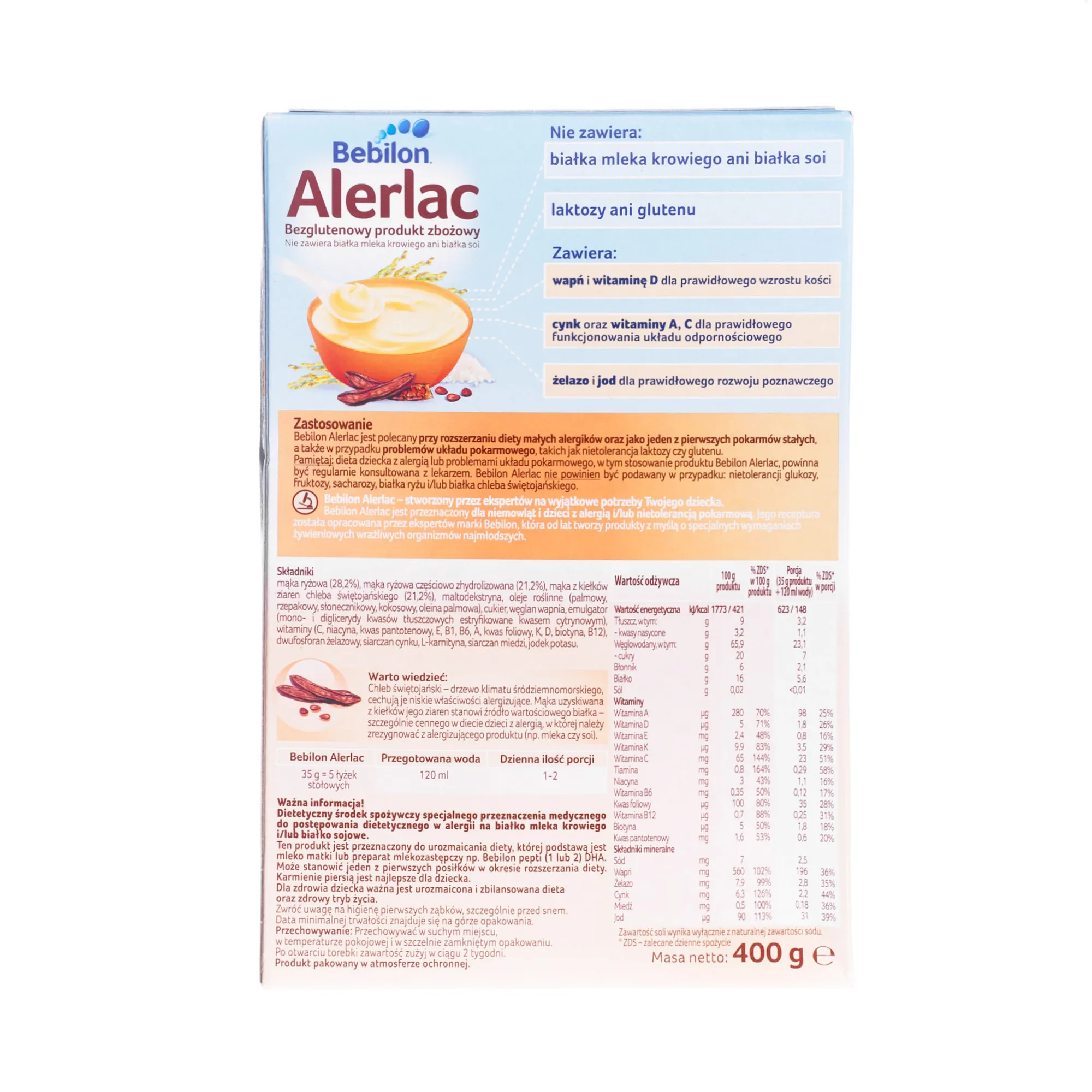 Bebilon Alerlac, bezglutenowy produkt zbożowy nie zawierający białka mleka krowiego ani białka soi, 400 g 