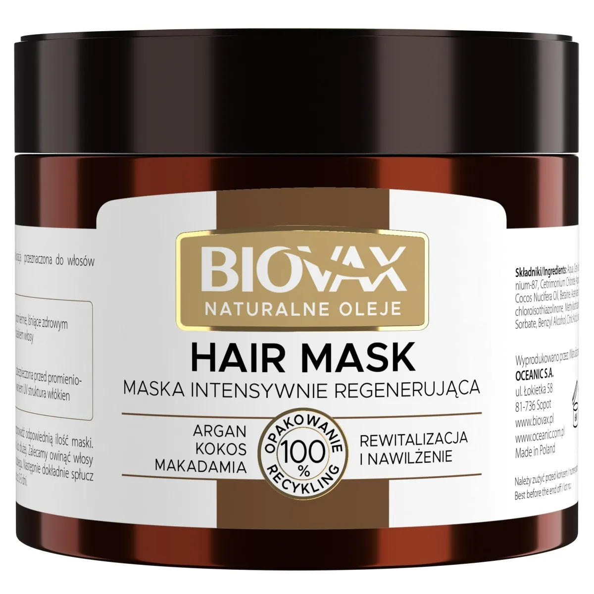 Biovax Argan Makadamia Kokos, intensywnie regenerująca maseczka do włosów, 250 ml