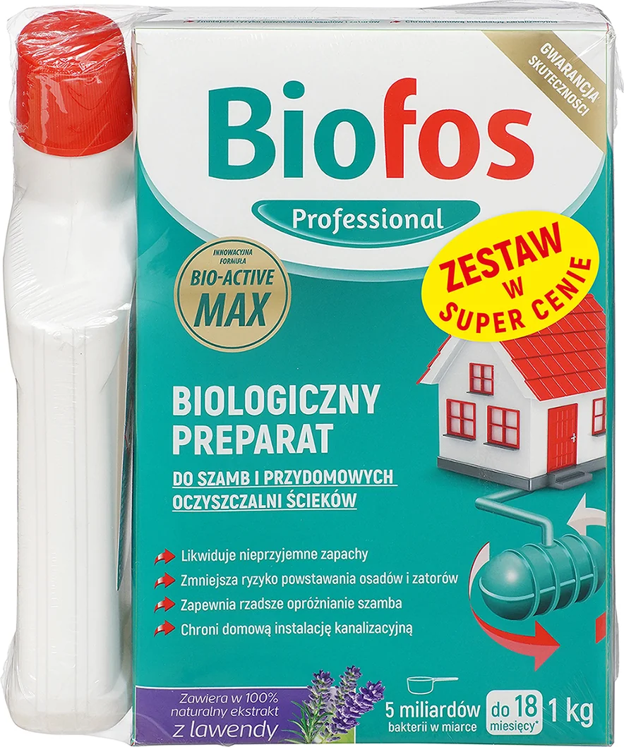 Biofos® Profesional Zestaw proszek do szamb i przydomowych ścieków, 1 kg + żel do WC BIO, 500 ml