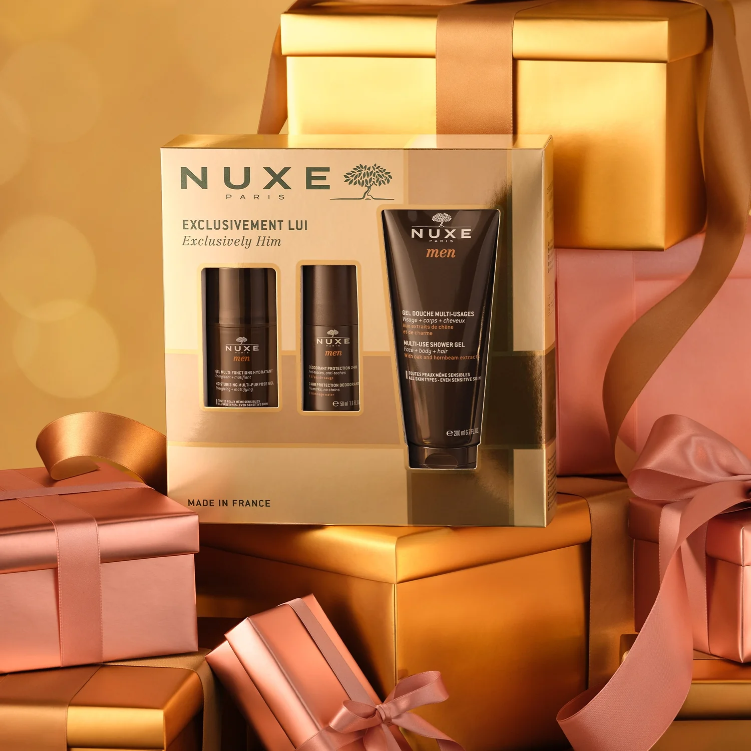 Nuxe Men wielofunkcyjny żel nawilżający do twarzy, 50 ml + dezodorant roll-on 24-godzinna ochrona, 50 ml + wielofunkcyjny żel pod prysznic, 200 ml