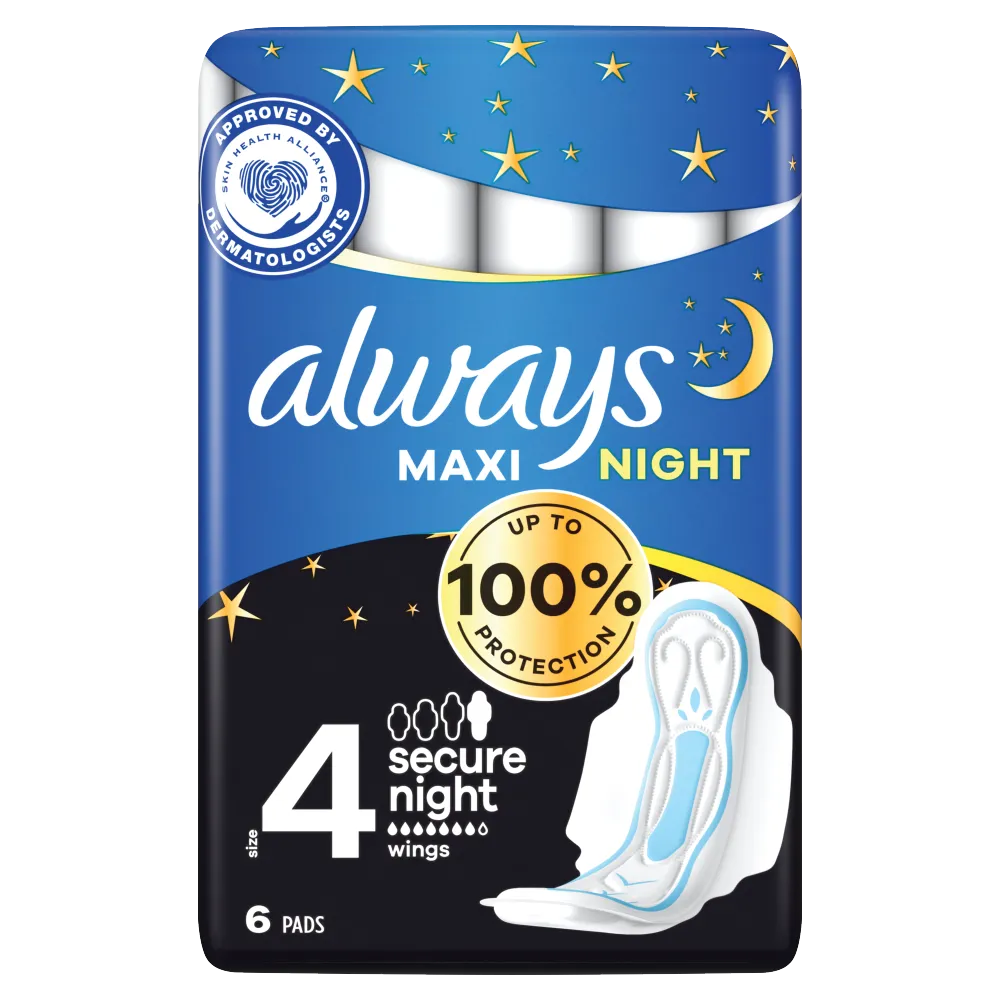 Always Secure Night Maxi Podpaski ze skrzydełkami na noc, 6 szt. 
