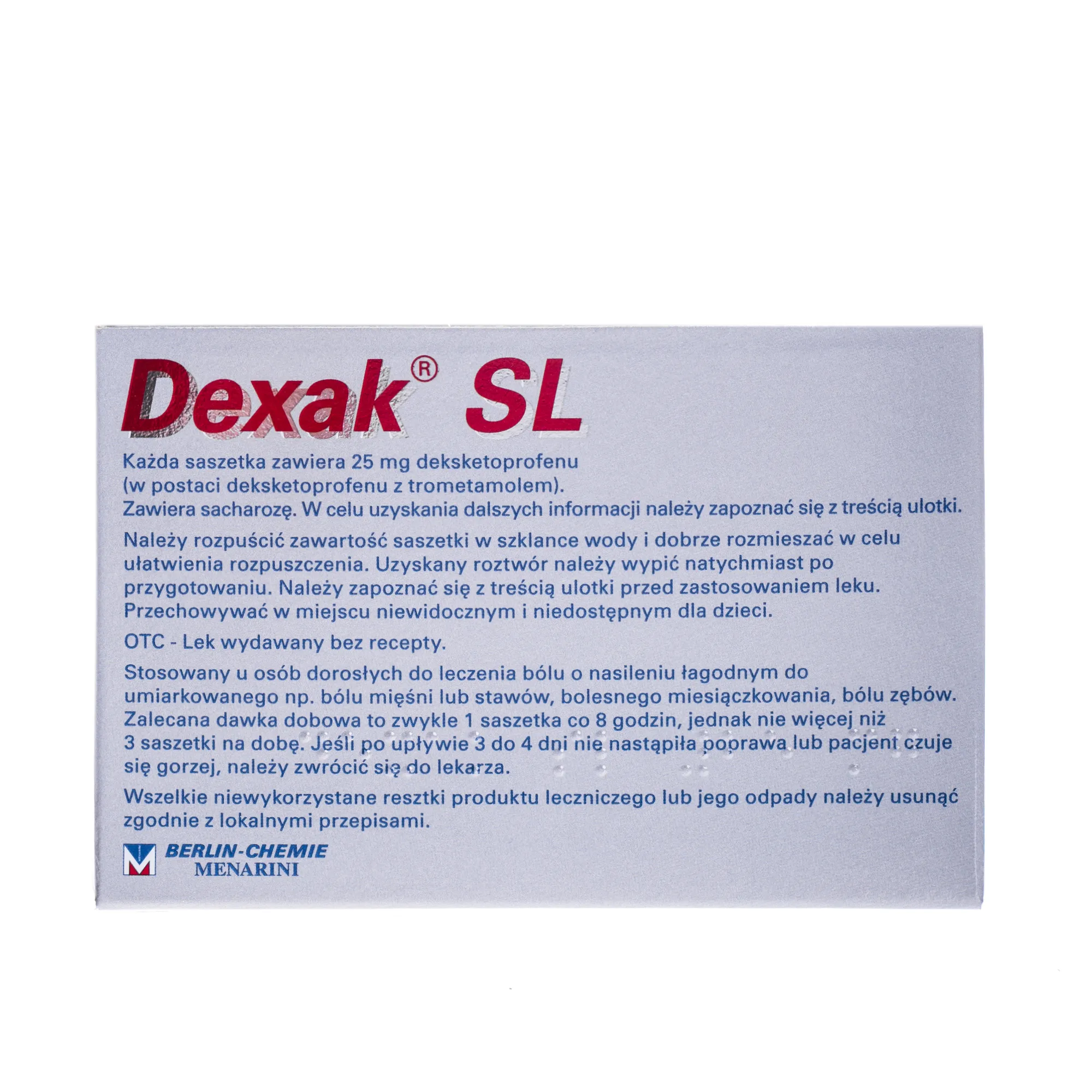 Dexak SL, 25 mg, lek stosowany u dorosłych przy bólach łagodnym i umiarkowanym nasileniu, 10 saszetek 