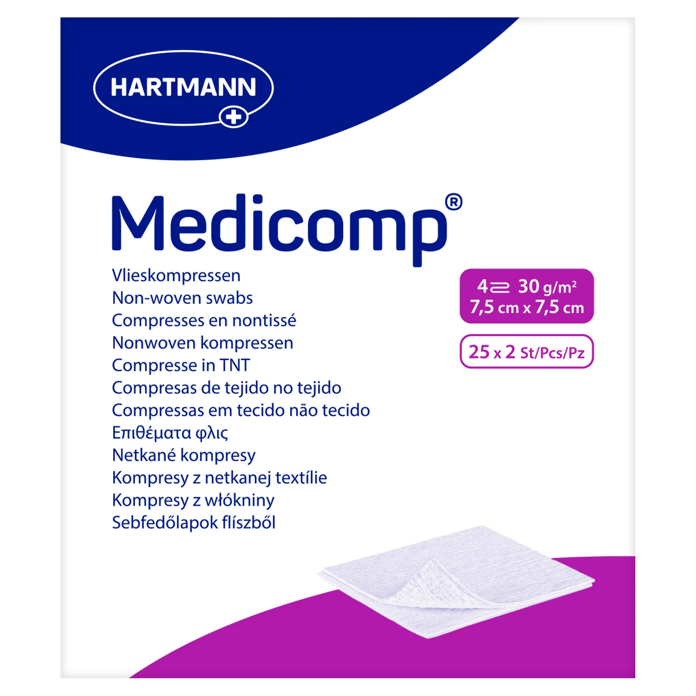 Medicomp kompresy włókniste jałowe, 4-warstwowe, 7,5 cm x 7,5 cm, 25 x 2 szt.