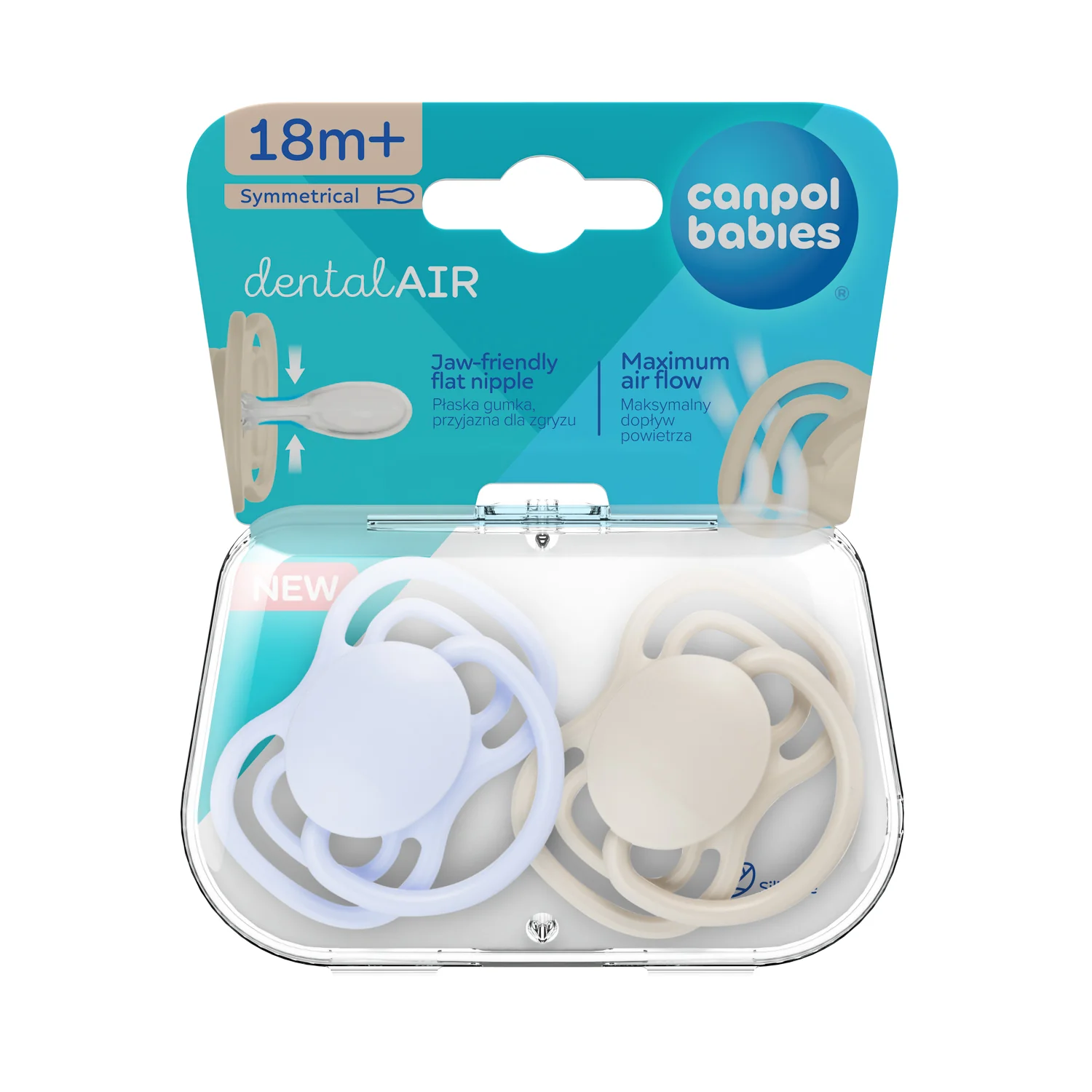 Canpol Babies dentalAIR Smoczek silikonowy 18m+ symetryczny niebieski, 2 sztuki