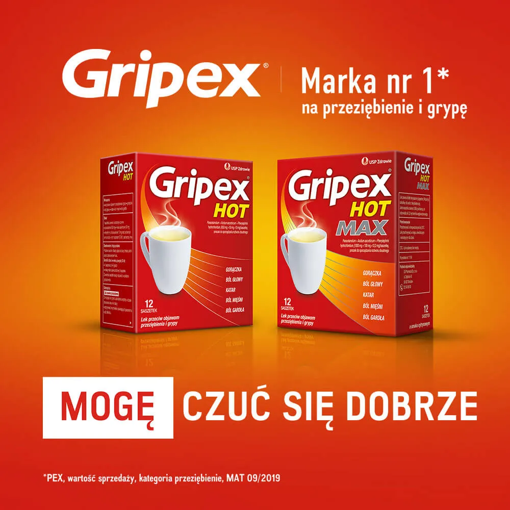 Gripex Hot, (650 mg + 50 mg + 10 mg)/saszetkę, proszek do sporządzania roztworu doustnego, 8 saszetek 