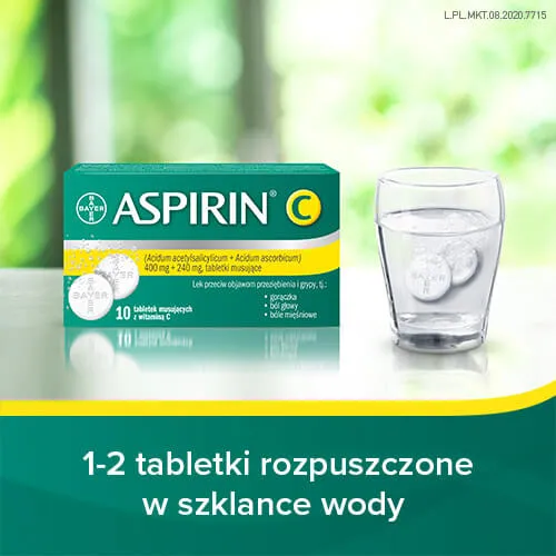 Aspirin C, Acidum acetylosalicylium + Acidum ascorbicum, 400 mg + 240 mg, tabletki musujące, 10 tabletek 