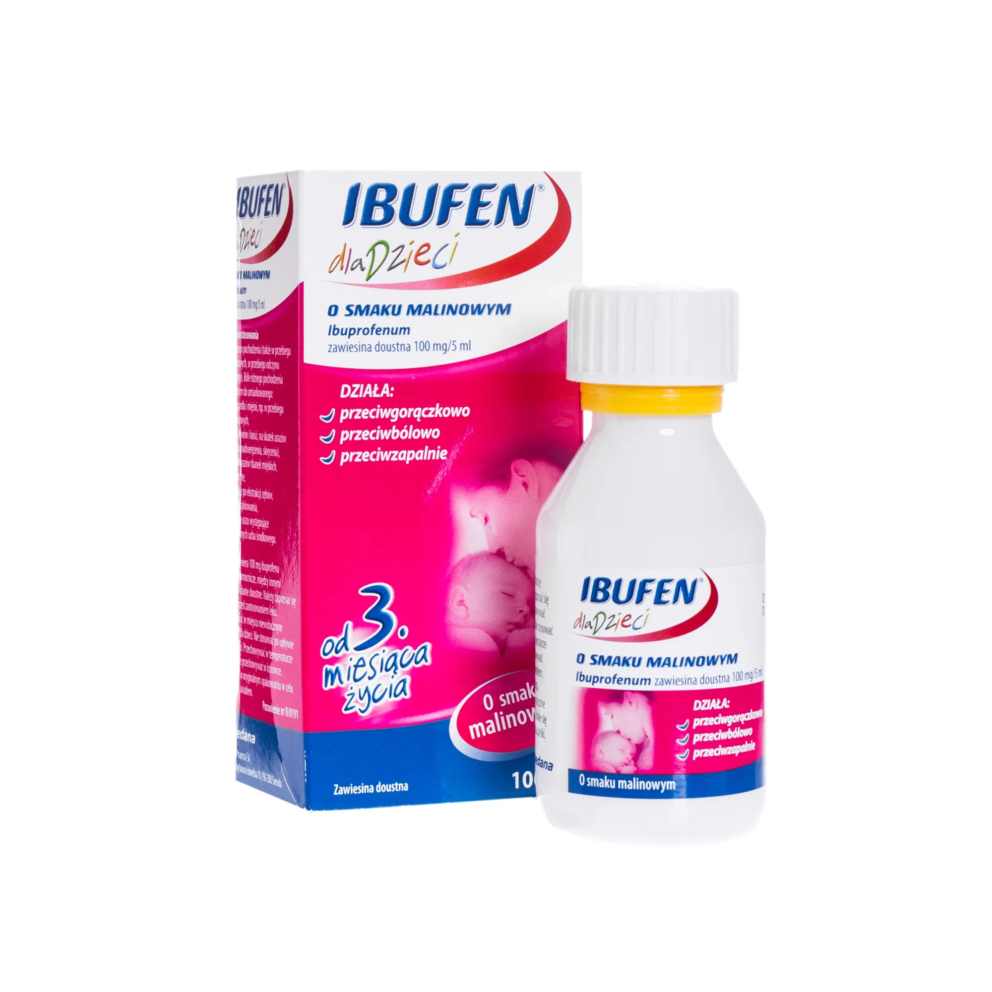 Ibufen dla dzieci, 100mg/5ml, lek przeciwgorączkowy, smak malinowy, 100 ml 