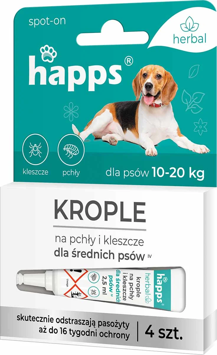 Happs Herbal krople na pchły i kleszcze dla średnich psów 10-20 kg, 4 x 1 ml
