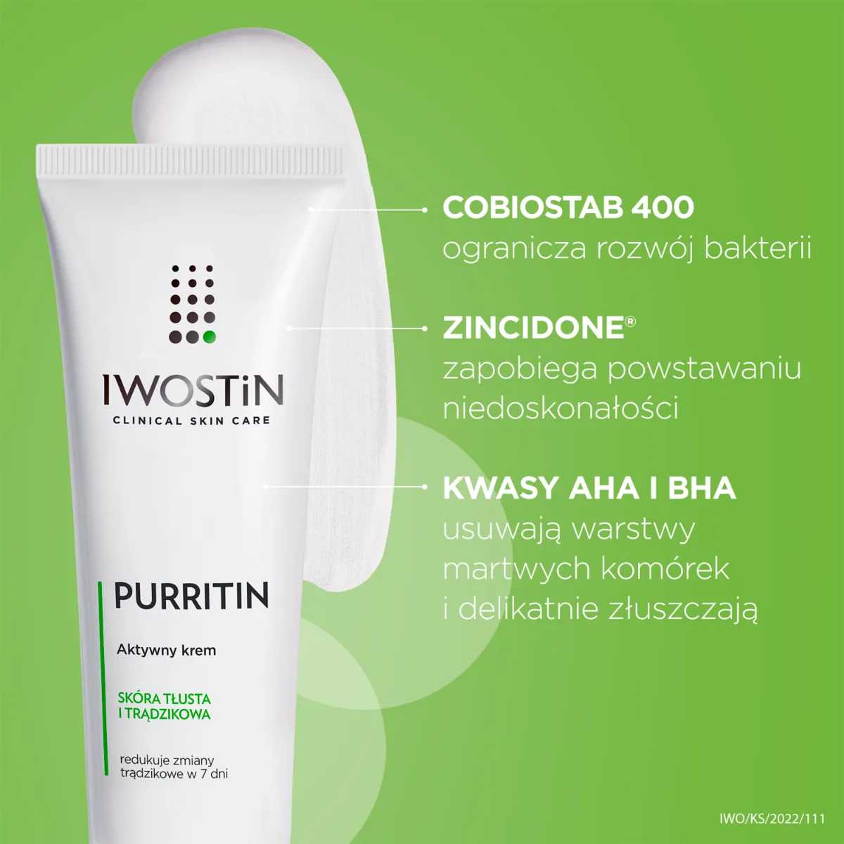 Iwostin Purritin - aktywny krem eliminujący niedoskonałości dla skóry tłustej i skłonnej do zmian trądzikowych, na dzień, 40 ml 