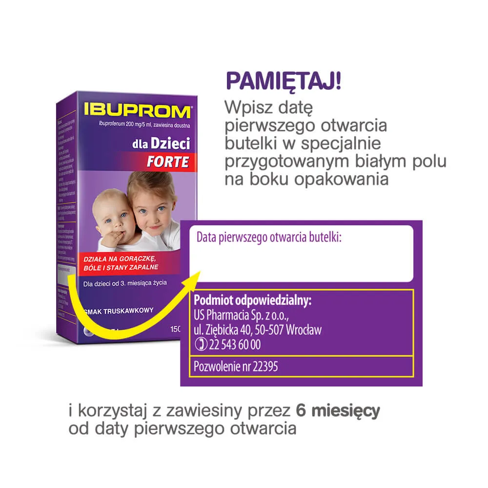 Ibuprom dla Dzieci Forte, 0,2 g/5 ml, zawiesina doustna, smak truskawkowy, 150 ml 