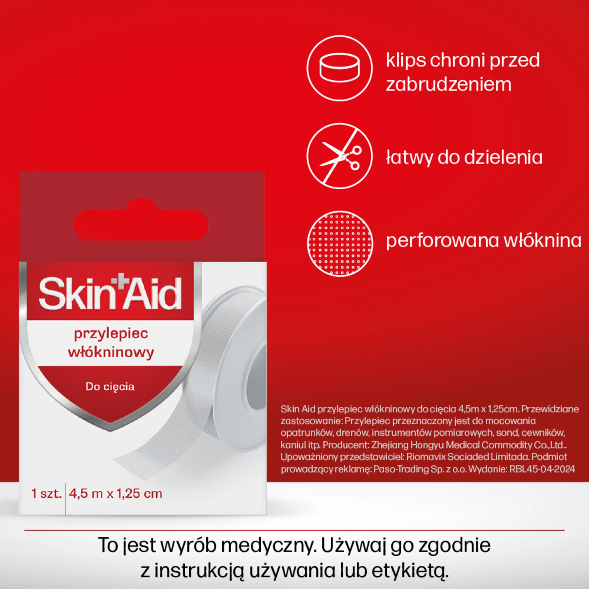 Skin Aid Przylepiec włókninowy 4,5 m x 1,25 cm, 1 sztuka