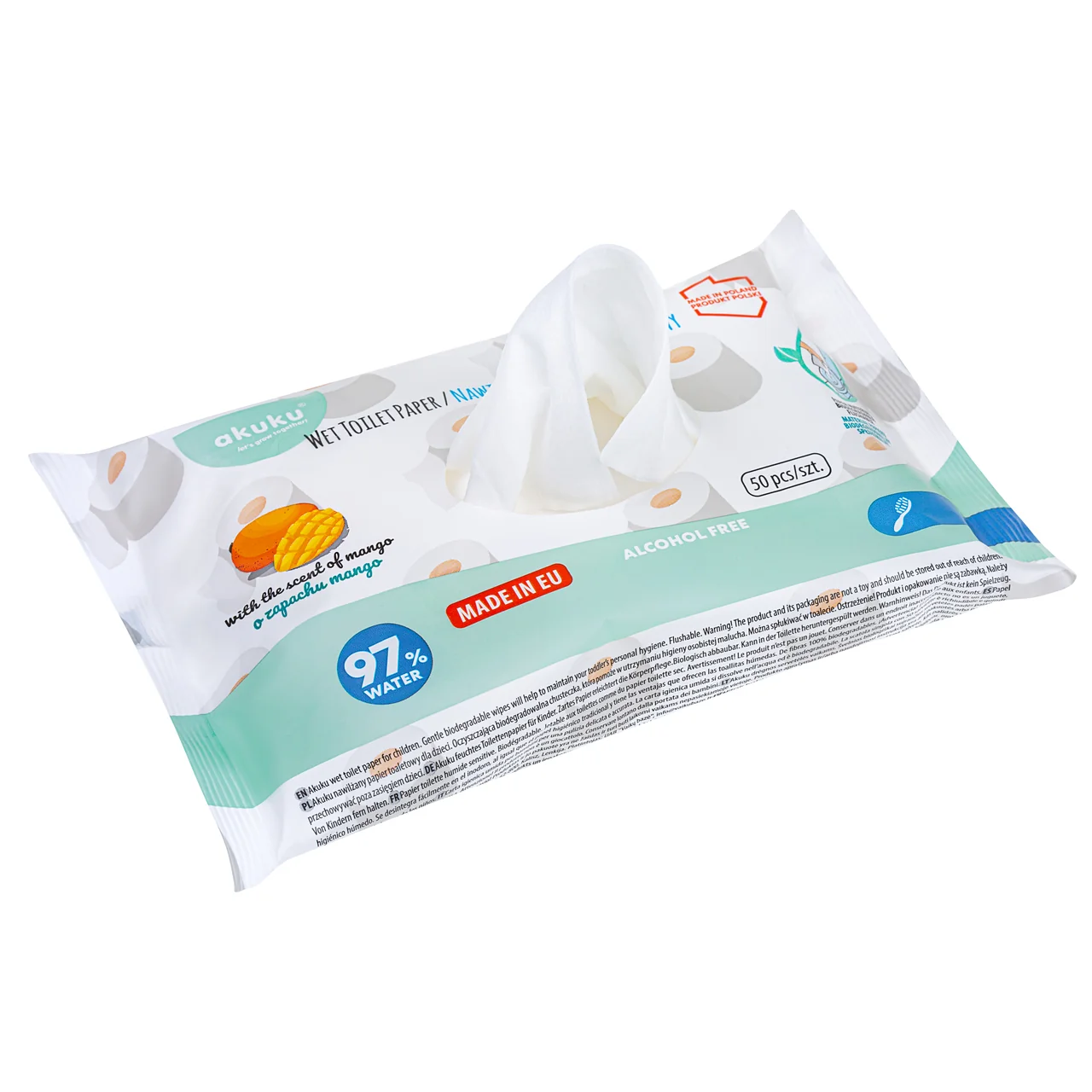 Akuku nawilżany papier toaletowy o zapachu mango, 50 szt.