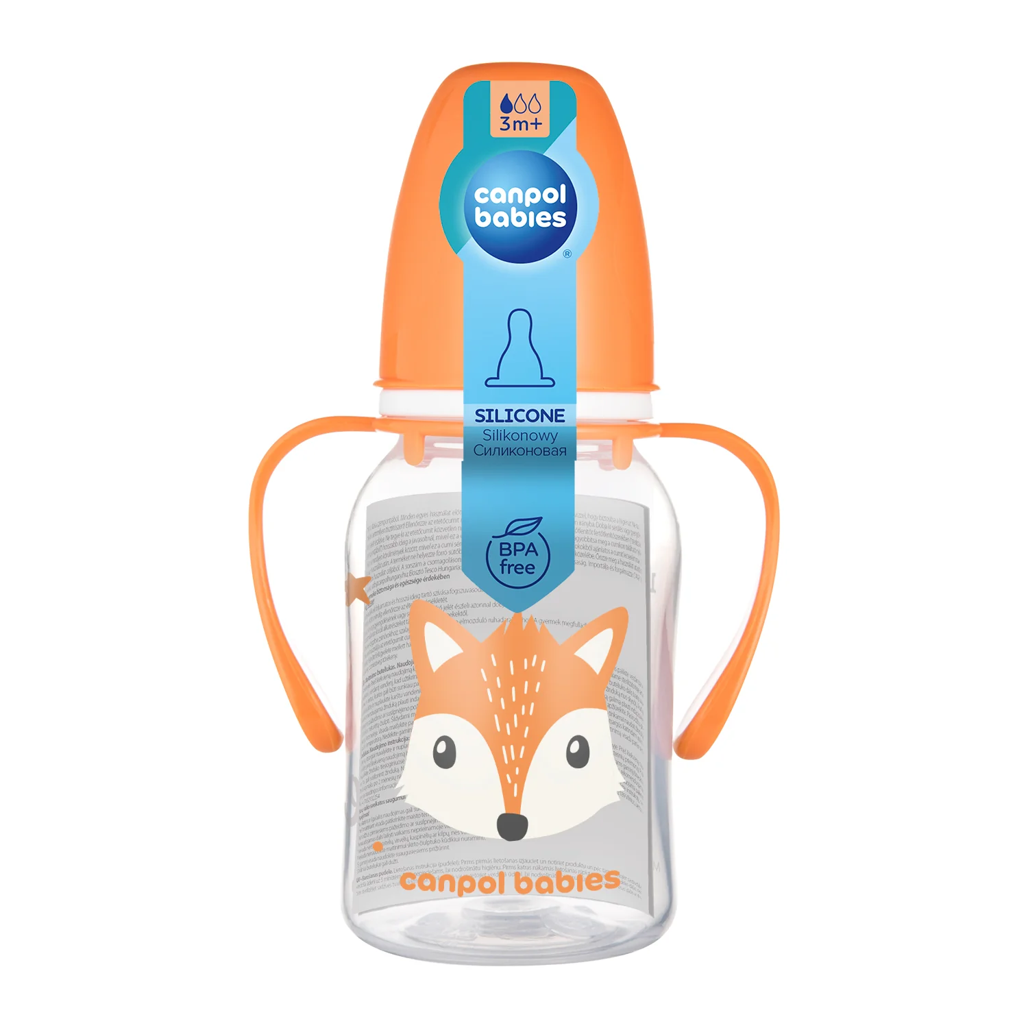 Canpol Babies CUTE ANIMALS pomarańczowa butelka z uchwytami 120 ml, 1 sztuka