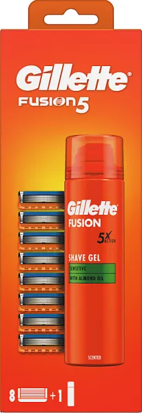 Gillette Fusion5 8 ostrzy wymiennych do maszynki do golenia + żel do golenia, 200 ml