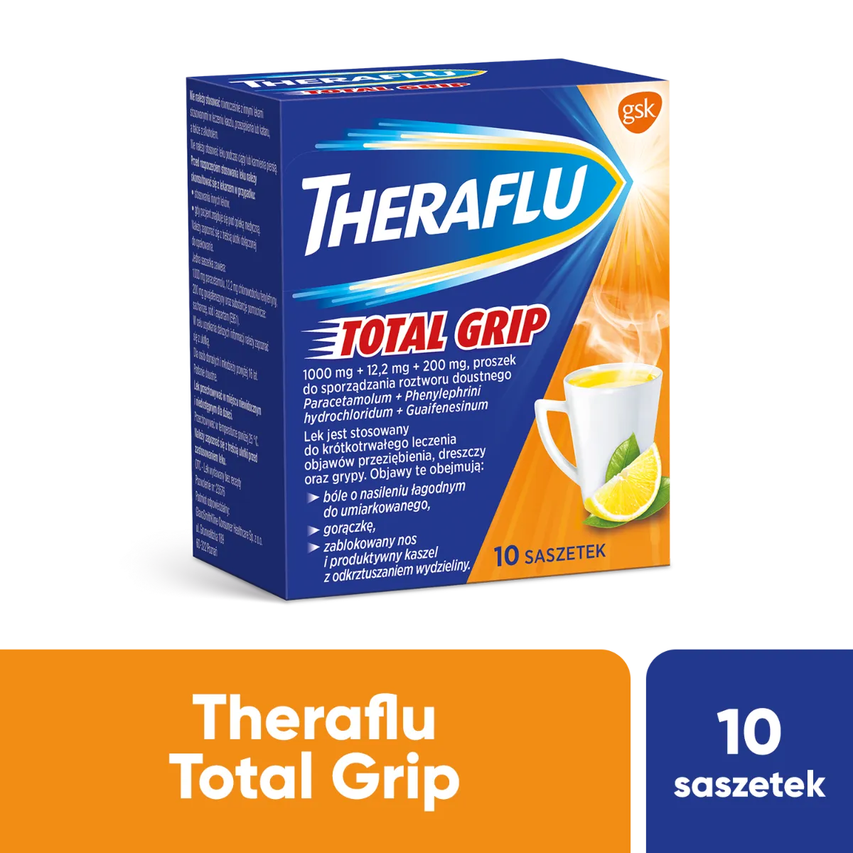 Theraflu Total Grip, 1000 mg + 12,2 mg + 200 mg, 10 saszetek