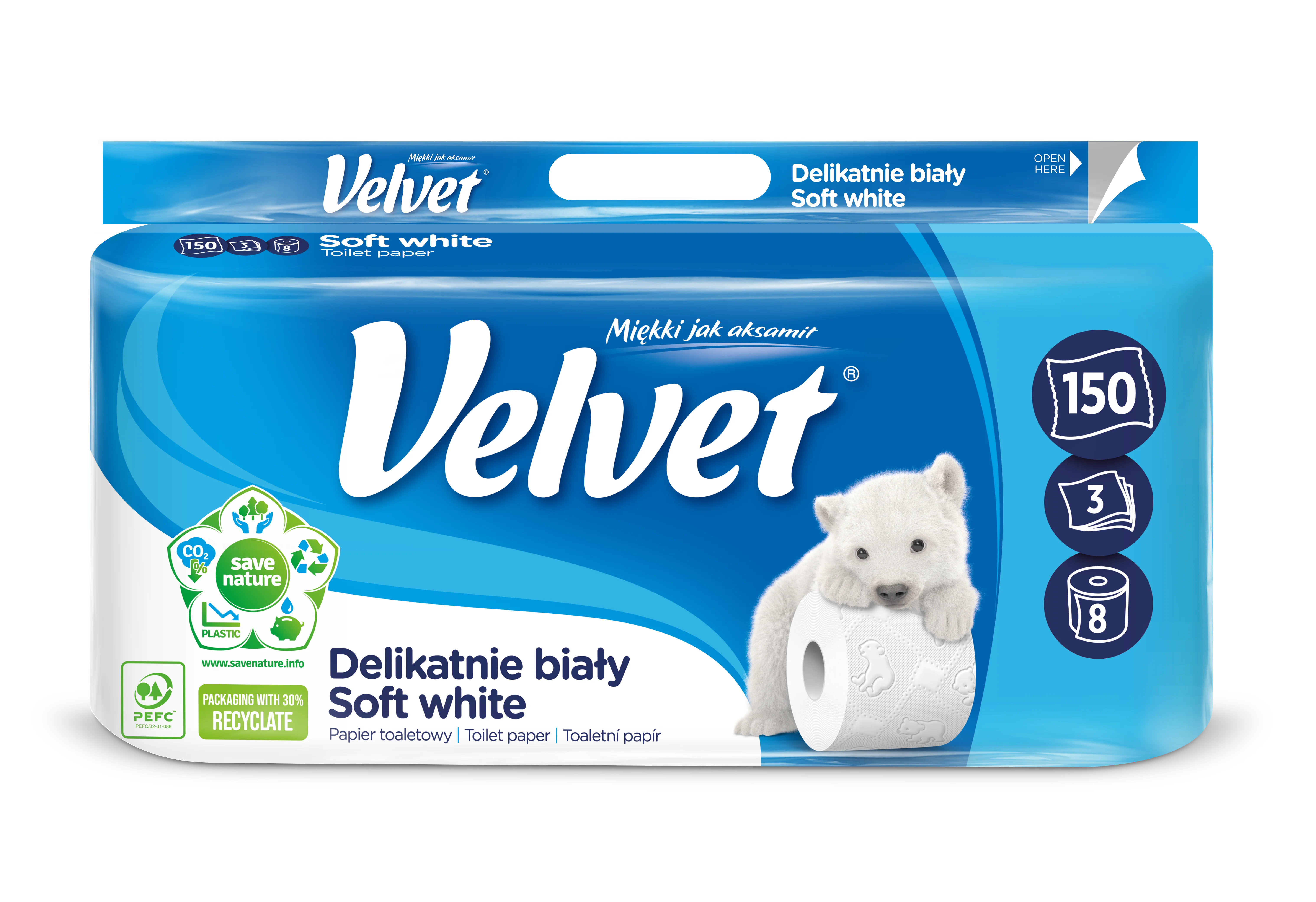 Velvet delikatnie biały papier toaletowy, 8 szt.