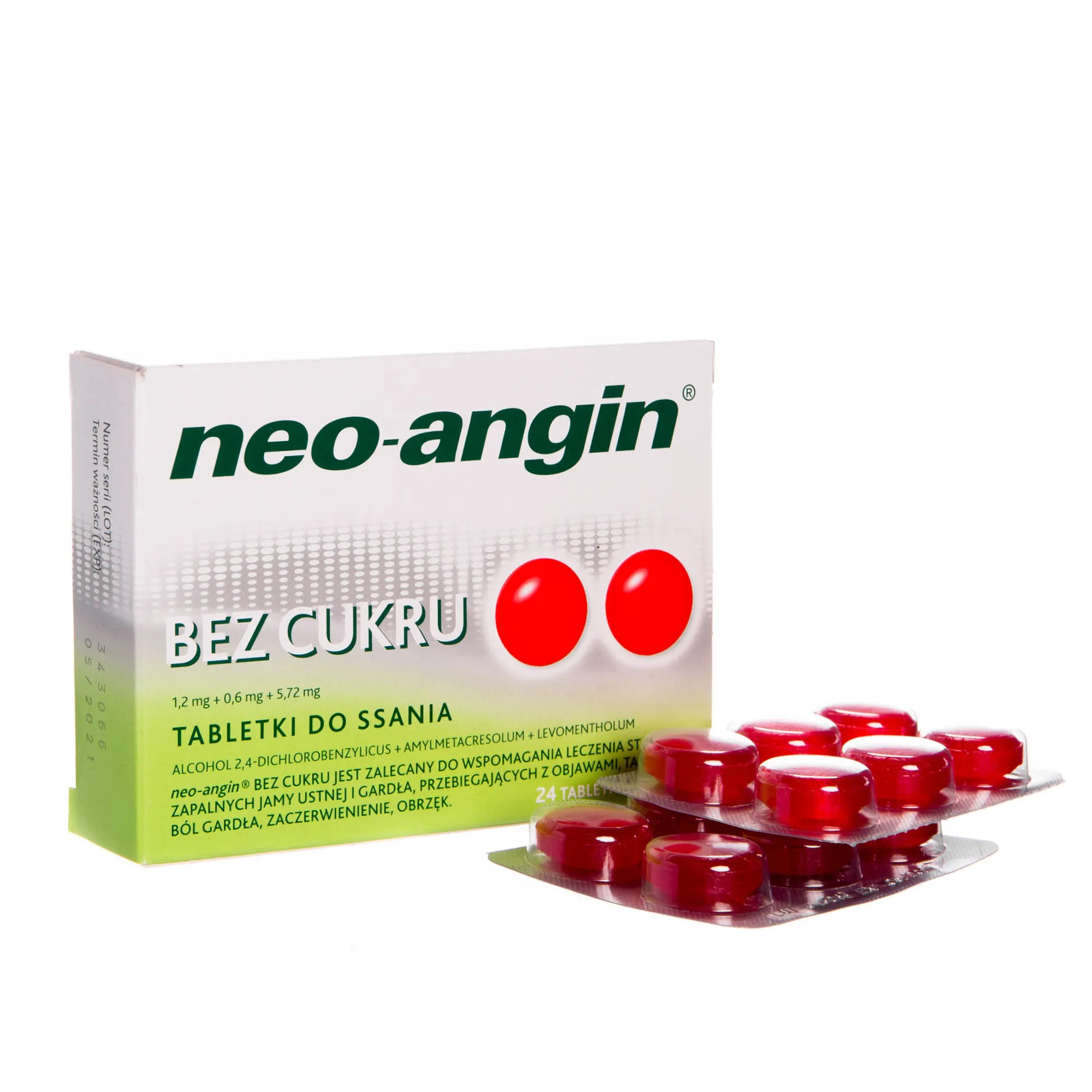 Neo-angin bez cukru, alcohol 2,4-dichlorobenzylicus + amylmetacresolum + levomentholum, ( 1,2 mg + 0.6 mg + 5,72 mg ), 24 tabletki do ssania