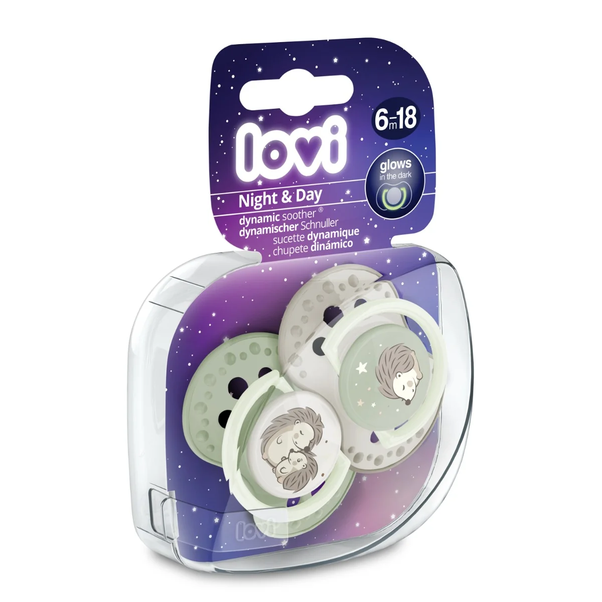 LOVI Smoczek silikonowy dynamiczny 6-18m Night & Day Hedgehog 2 sztuki
