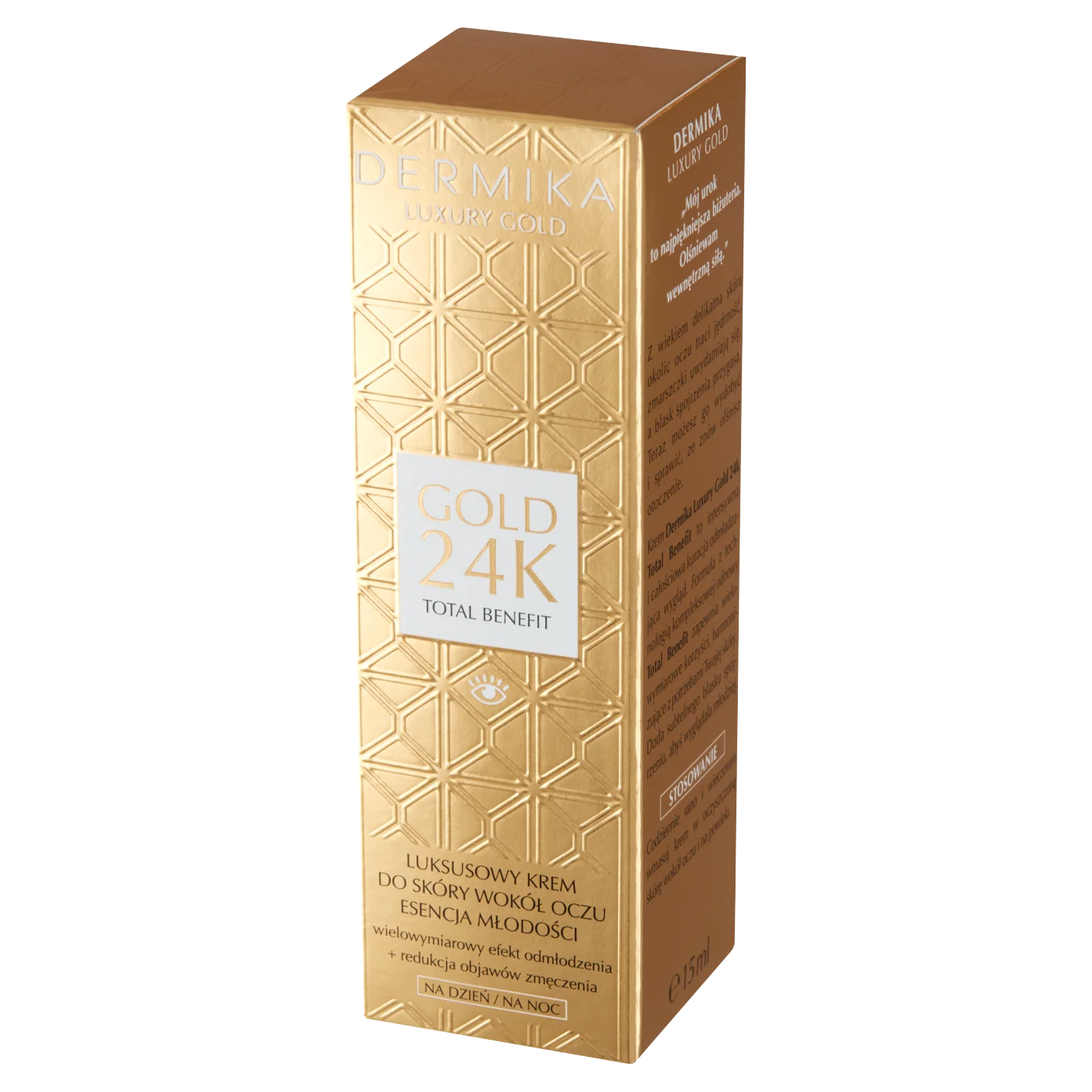 Dermika Luxury Gold 24K luksusowy krem do skóry wokół oczu esencja młodości na dzień i na noc, 15 ml
