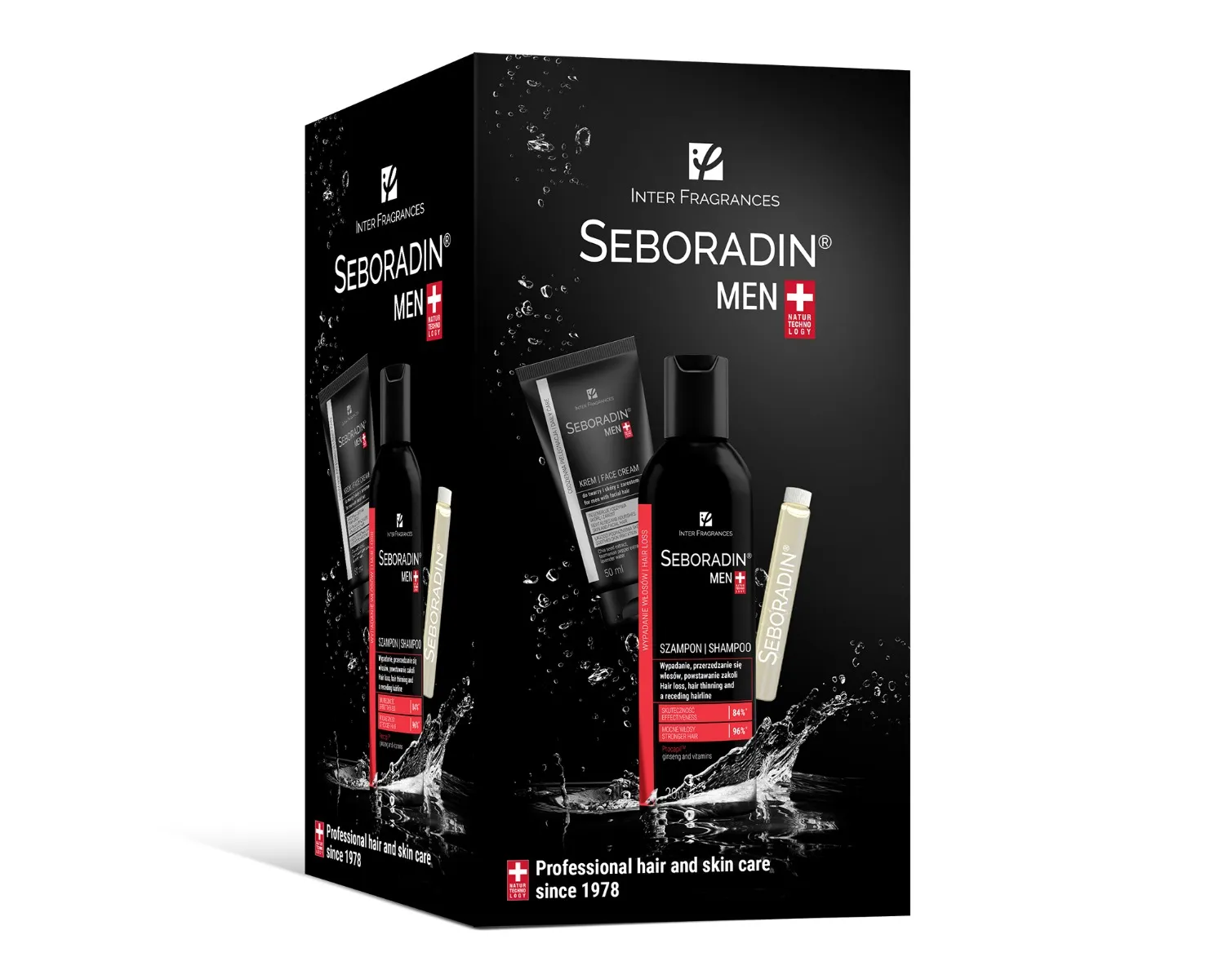 Seboradin Men zestaw przeciw wypadaniu włosów 2+1: szampon + ampułki + krem do twarzy, 200 ml + 14 x 5,5 ml + 50 ml