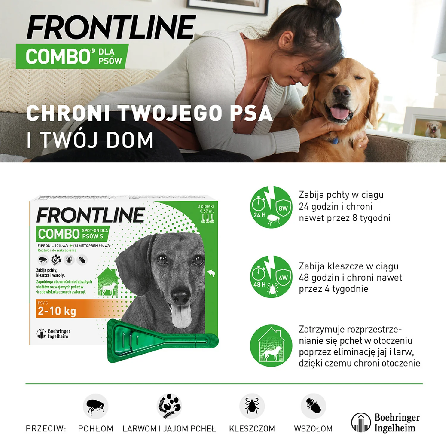Frontline Combo S (67 mg + 60,30 mg)/0,67 ml, roztwór do nakrapiania dla psów 2-10 kg, 3 x 0,67 ml