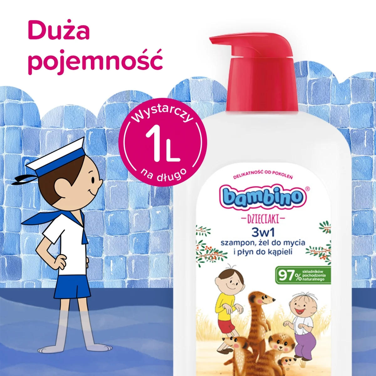 Bambino Dzieciaki Surykatki 3w1 szampon, żel pod prysznic i płyn do kąpieli, 1000 ml
