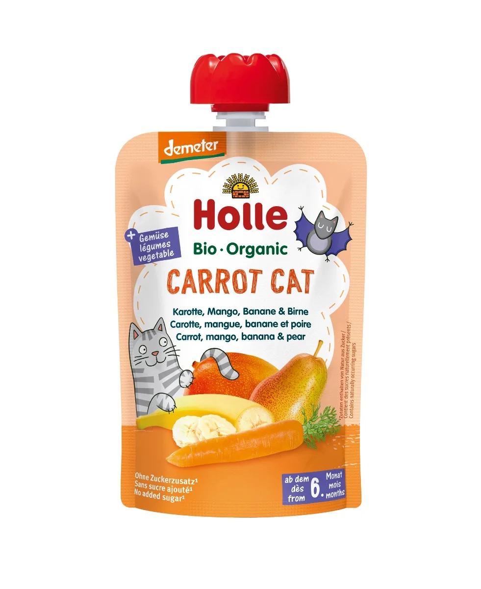 Holle BIO Carrot Cat mus marchewkowy Kotek z marchewki, mango, banana i gruszki dla niemowląt powyżej 6. miesiąca życia, 100 g