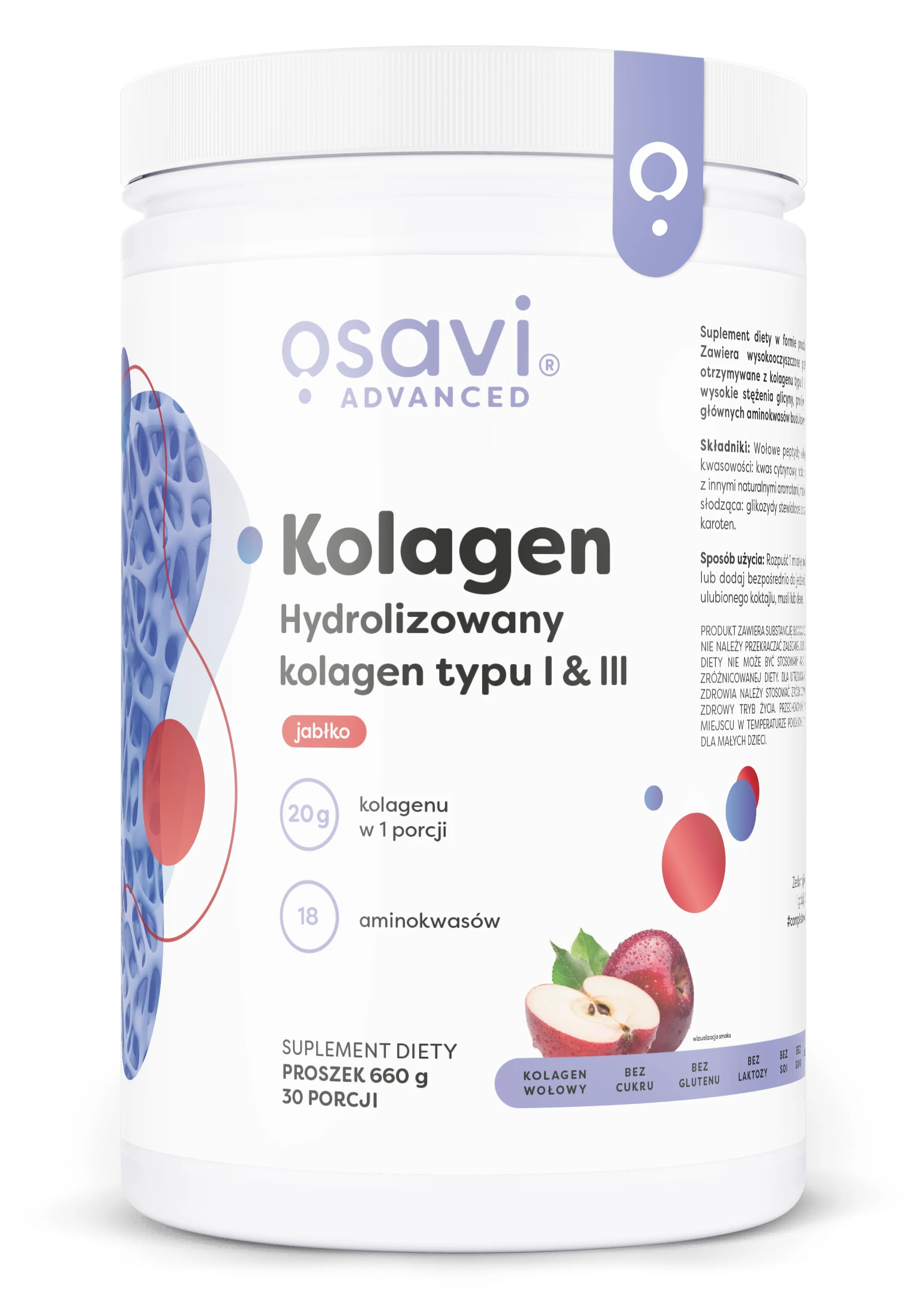 Osavi Kolagen Hydrolizowany kolagen typu I & III jabłko, proszek, 660 g
